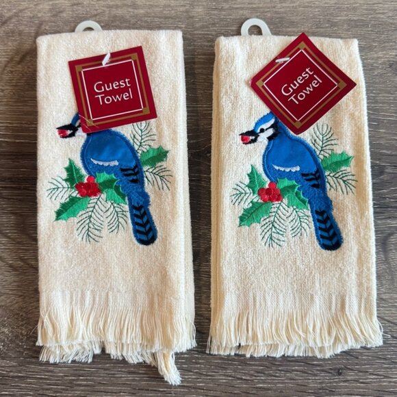 Set of 2 Vintage Holiday Christmas Embroidered Bird Guest Towel 16" X 11" - Picture 1 of 5